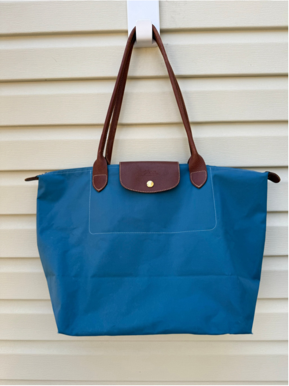 Longchamp Le Pliage Original Large Tote Blue Brown Leather Shoulder Bag Nylon